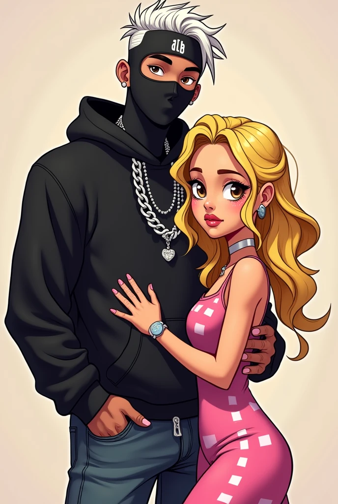 creates a couple of approximately 1 Latinos, like a cartoon , that the boy has a balaclava that says more initials ATB ,your skin is white, be a little bit taller, be a rap singer, look tough ,with white hair, brown eyes and have a black hoodie and chains. .The girl is blonde , no tattoos, brown eyes with freckles and wear a dress that's not too long, pink with white squares and the boy is in front and is hugging the girl from behind