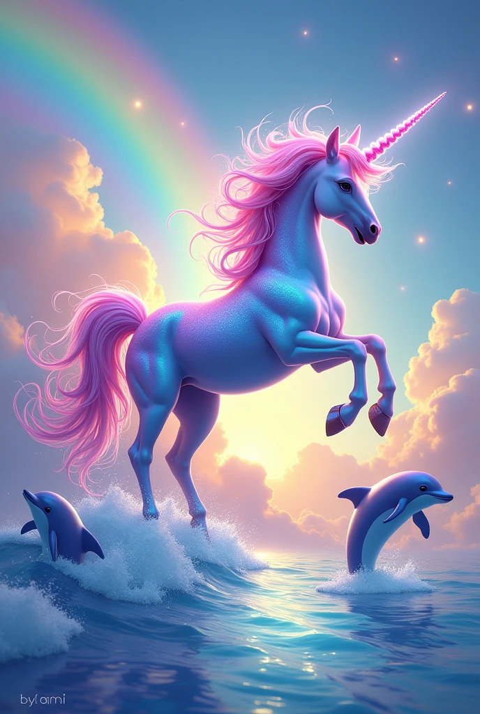 You are a unicorn with dolphins and rainbows and the unicorn is very colorful flying!.
