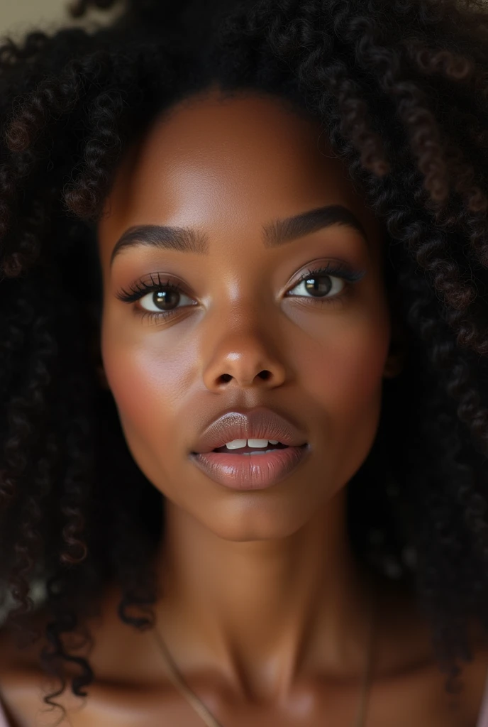 Realistic raw photo, Frontal close-up of a beautiful woman with a giant ass, long black afro curly hair tied up, big light brown eyes, small nose, perfect mouth with extremely full lips, natural face, naughty, excited and sensual face, texture and Highly detailed, hyper-realistic mulatta skin depth, superior quality, high resolution 8k uhd.