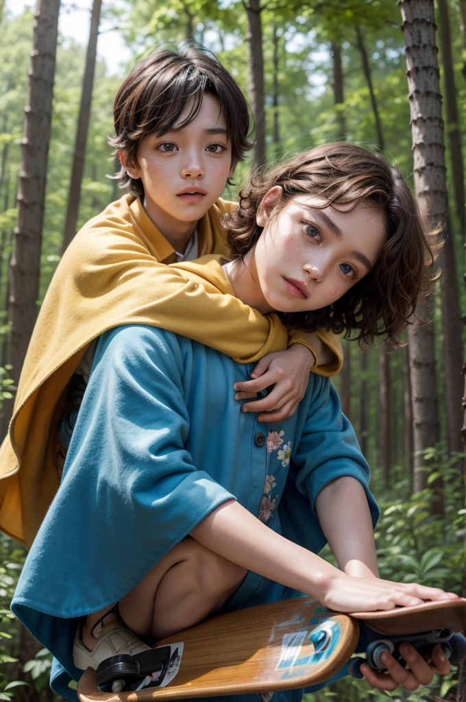 create the image in a forest with trees blue sky and flowers a prince with caramel skin cape, brown rabbit with honey-colored eyes riding a skateboard while carrying his princess with short brown curly hair in his arms , brown eyes and freckles on her face dressed in a blue dress