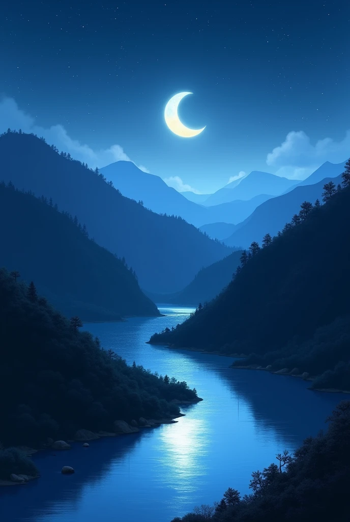 Moon ,river and hills at night 