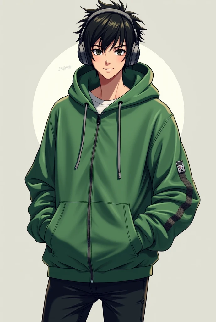 Create a with short black hair and striking black eyes. He wears a green hooded coat and black pants.. Para completar o visual, he uses a gaming headset, that gives a modern and fun touch to your style. His appearance is cheerful and energetic, with a style that mixes fashion with a passion for games.