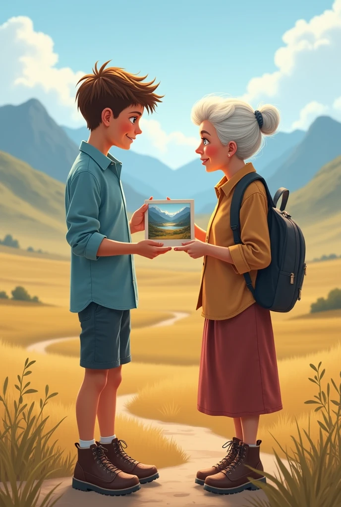 young teenager with light blue shirt, shorts and boots next to his grandmother showing a photo of a grandmother on a plain with mountains and hills