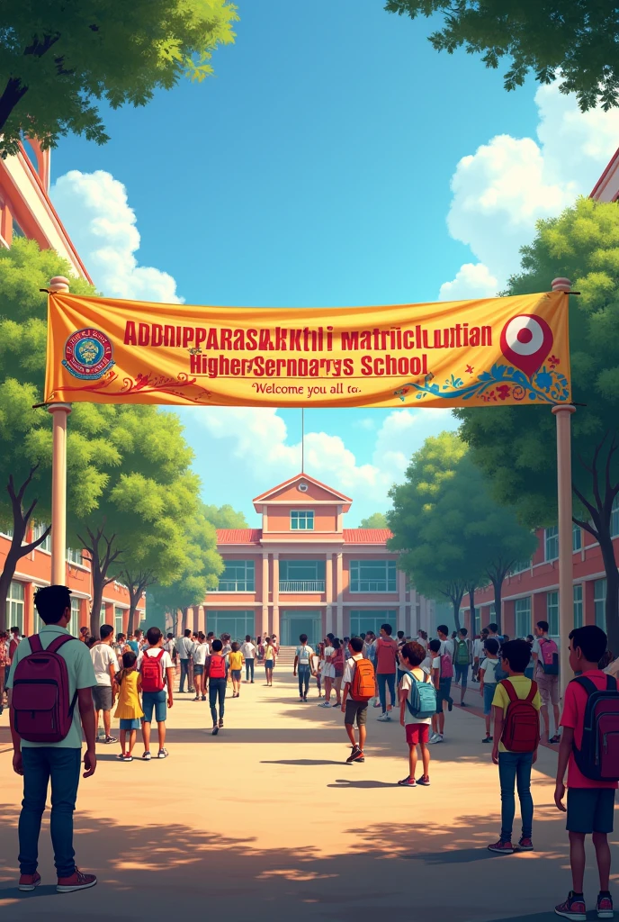 Make a picture of a school and give a text written 'ADHIPARASAKTHI MATRICULATION HIGHER SECONDARY SCHOOL WELCOMES YOU ALL TO.....' in a banner.