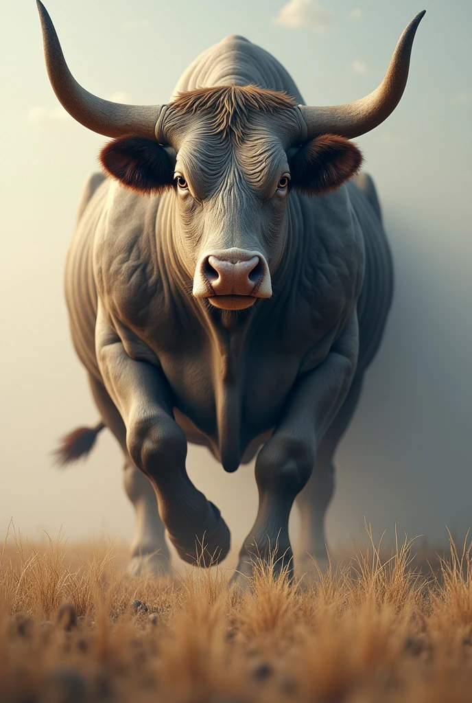Create a hyper-realistic 3D image of a single bull or cow that appears to be walking out of the image and into real life. The animal should be positioned in the foreground, with its head and part of its body extending beyond the frame of the image, giving the illusion that it is stepping out of the wall. The background should be a simple, vast open field with minimal details, so the focus remains on the animal. This image will be printed on a large wall, so the 3D effect must be strong and visually striking, creating a captivating and immersive experience for viewers.