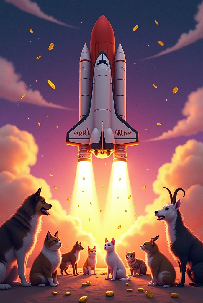 A space ship that has a flag written SPAACE ARENA that is going up fast and the ground is dusty due to the take off. There are dogs saying wood cats saying meeeow goats frogs and an hamster wearing a suit looking up towards the space ship as it takes off , it should violet in colour. The space ship should appear like it is dropping of gold coins as it goes up. The image should not be extremely animated