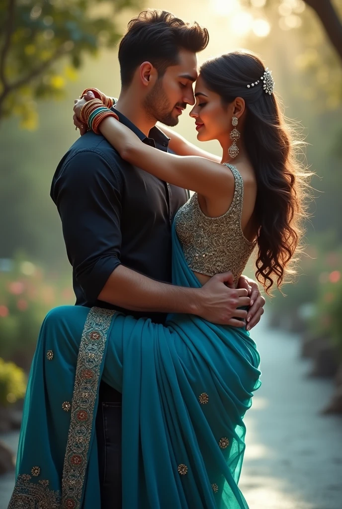 A beautiful girl wearing blue colour saree her hands filled with bangles and a handsome and hot boy wearing black on up t-shirt and jeans carrying her in bridal way