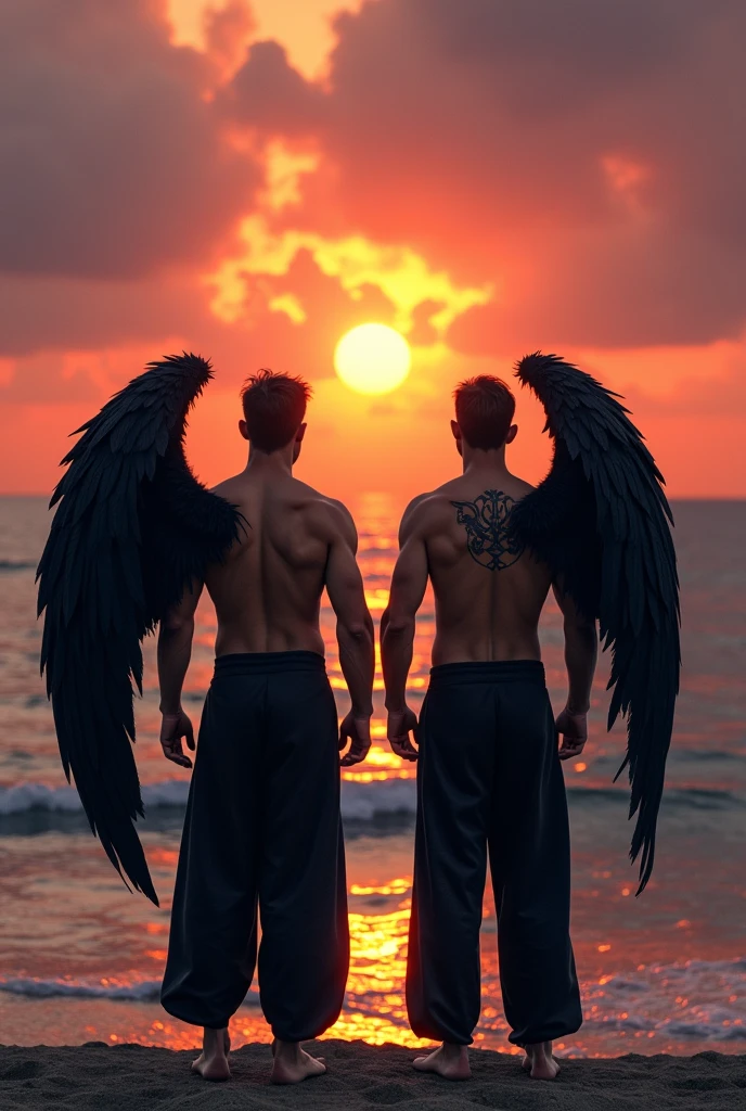 Image of men having black wings seeing the sunset at sea , upper body are naked and black full pant wearing and he have a "Devil" name tattoo on his back