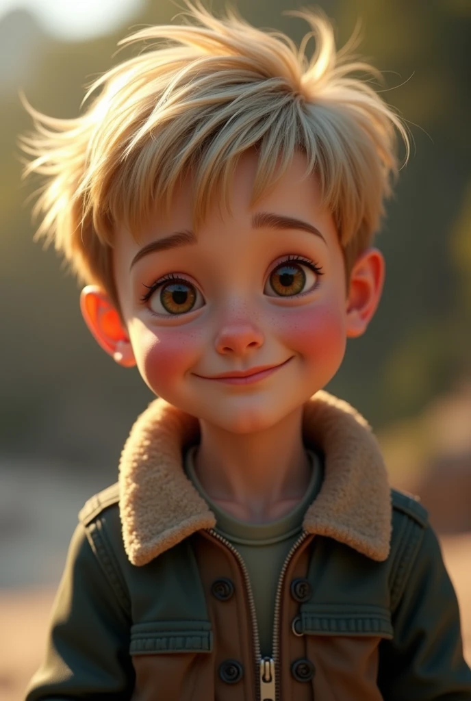 1 boy wearing bomber jacket,realistic portrait,beautiful detailed eyes,beautiful detailed lips,extremely detailed face and skin,blonde messy hair,brown eyes,cheerful expression,normal ears,(best quality,4k,8k,highres,masterpiece:1.2),ultra-detailed,(realistic,photorealistic,photo-realistic:1.37),cinematic lighting,natural color tones,cinematic composition