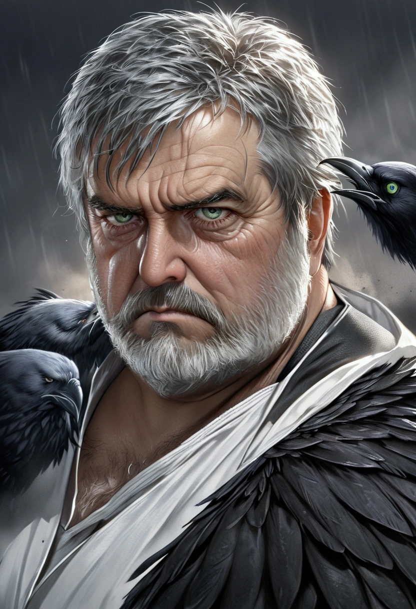 a middle-aged man, 50 years old, overweight, modern magician, gray hair, medium gray beard, green eyes, shirt torn on the chest and make visible very hairy body, serious expression, intimidating, white tabard, crow, storm,(best quality,4k,8k,highres,masterpiece:1.2),ultra-detailed,(realistic,photorealistic,photo-realistic:1.37),HDR,UHD,studio lighting,ultra-fine painting,sharp focus,physically-based rendering,extreme detail description,professional,vivid colors,bokeh, full body side view