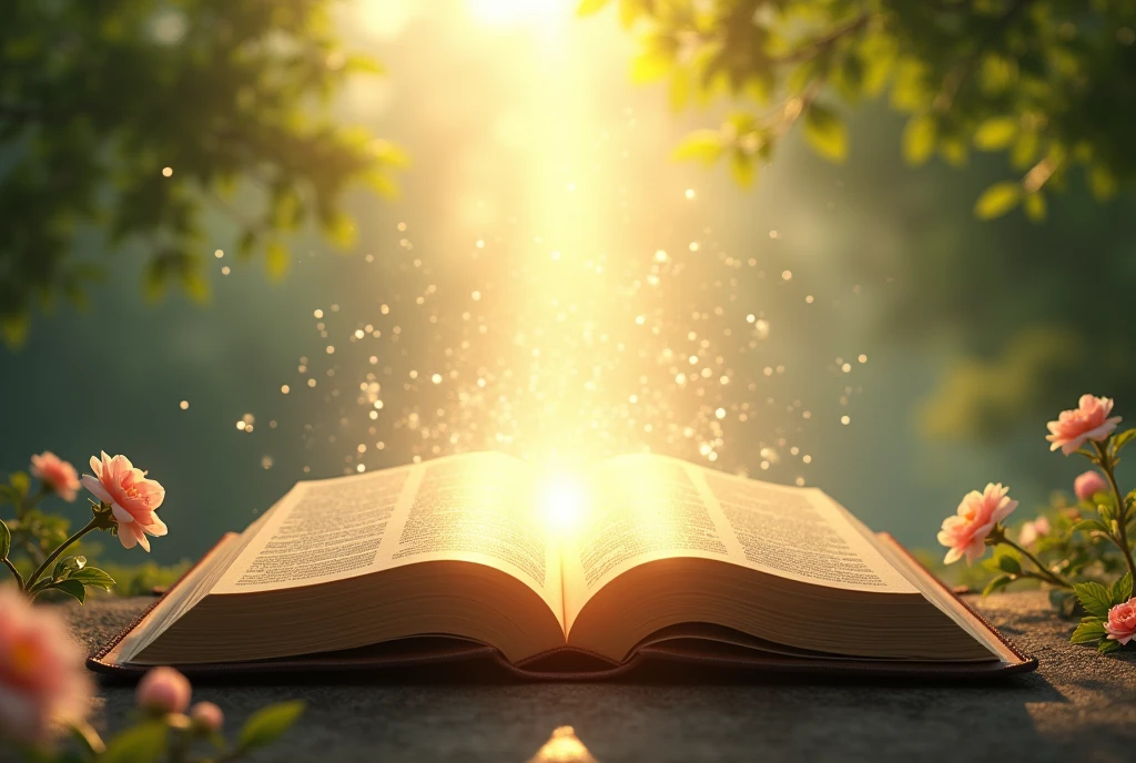 Open bible with divine light and background back clear day with trees with flowers