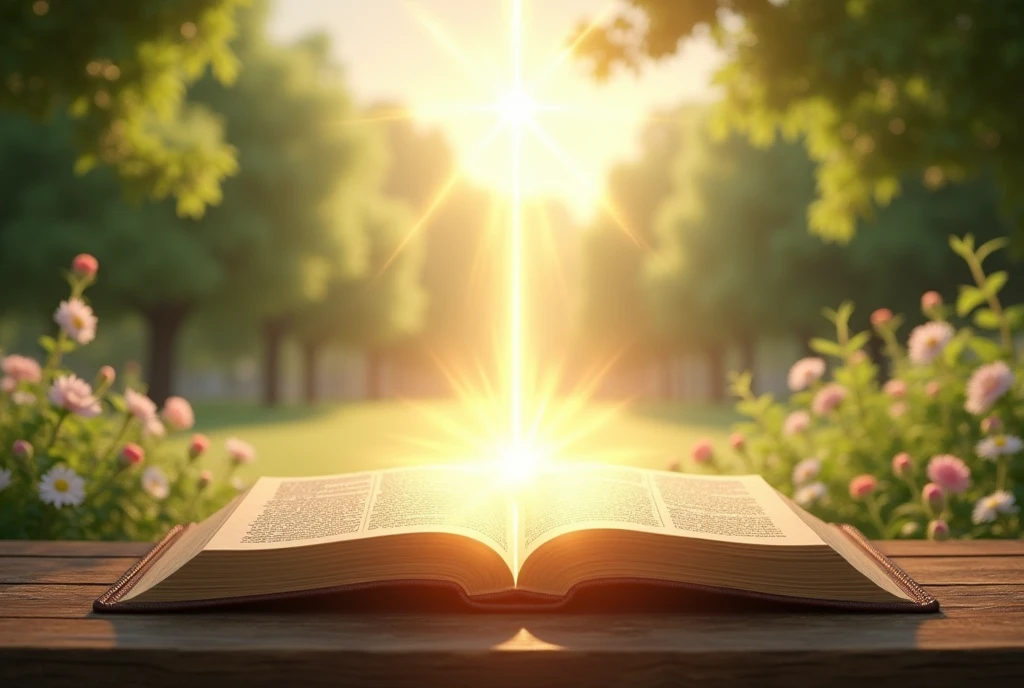 Open bible with divine light and background back clear day with trees with flowers