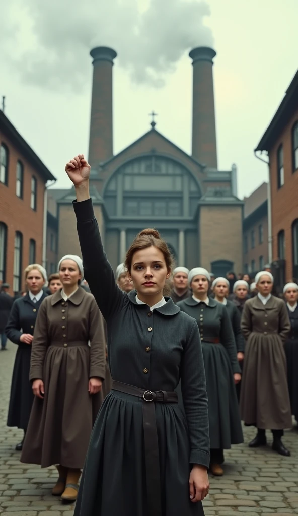 Sarah Chapman, a determined young woman with brown hair tied in a simple bun, stands at the forefront of a group of about 1,400 female workers; they are all dressed in modest Victorian-era factory clothing, consisting of plain dresses with aprons and bonnets; the scene is set in 1888 on a cobblestone street outside a large, imposing factory in London, with brick walls and smoke rising from tall chimneys in the background; Sarah raises her hand in a gesture of defiance, while the women behind her look on with a mix of resolve and apprehension; in the background, other workers and passersby are gathered, watching the scene unfold; the shot is a wide-angle view, capturing both the determined faces of the women and the factory behind them; photo realism, cinematography. The camera lens size should be 200mm, aperture setting f/4.5, and ISO 1600. The medium should be color photography.