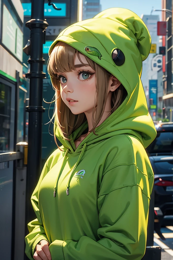 Girl wearing a lizard-like hoodie, green, upper body