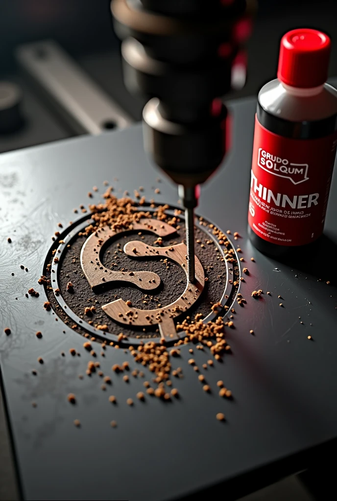 A visually striking cover design where a powerful tool, such as a drill or engraving tool, is actively carving the logo of Grupo Solquim into a solid surface, like metal or wood. The logo appears partially completed, with fine details and shavings visible around the carved area, emphasizing the precision of the work. To the side of the scene, prominently positioned, is a bottle of Thinner with a red label, featuring legible text displaying the product name 'Thinner' and the Grupo Solquim logo. The bottle stands upright, slightly angled towards the logo being carved, as if it's part of the process. The background is simple and neutral, ensuring all attention is on the action of the tool and the Thinner bottle. The lighting casts dramatic shadows, highlighting the depth of the carving and the glossy finish of the Thinner bottle, creating a cohesive and powerful visual narrative.