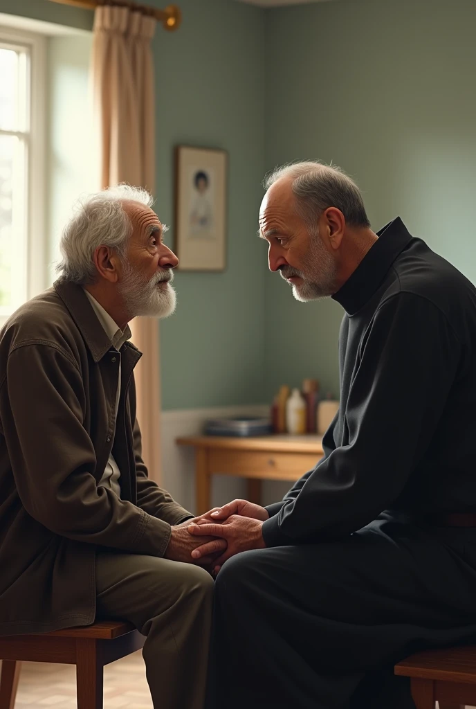 Elderly man sitting on a bench in a nursing home talking to a priest with thinning hair