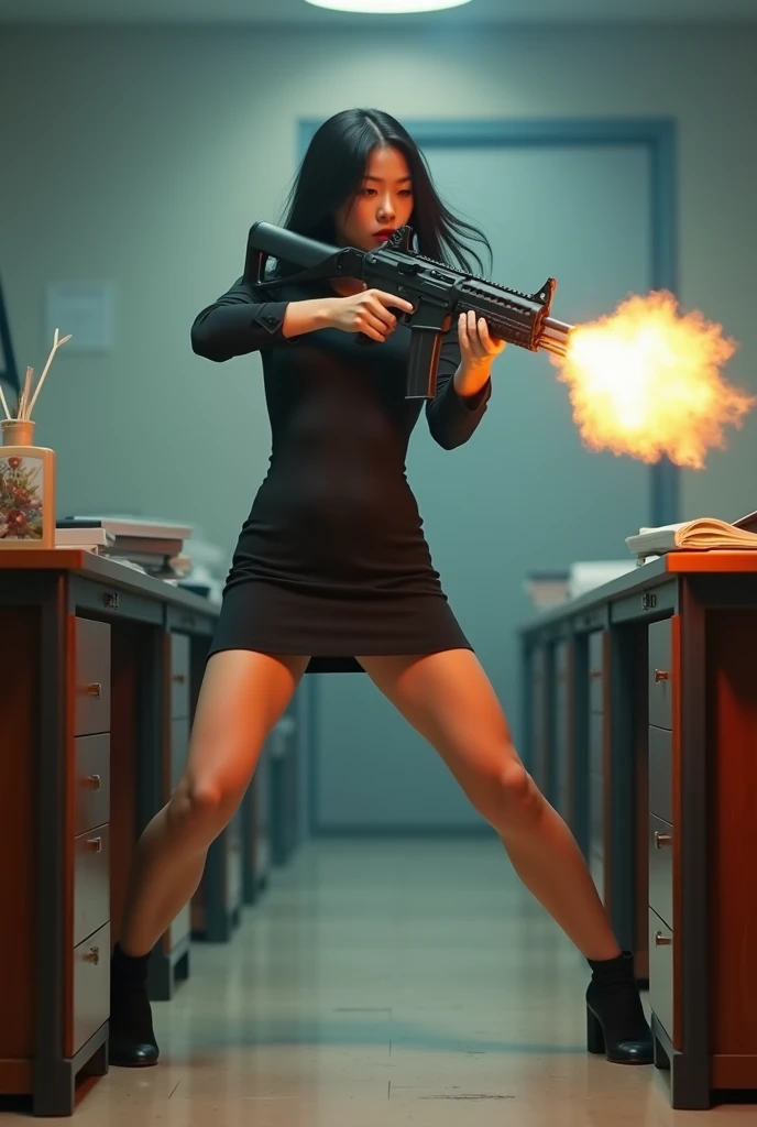 beautiful chinese office lady mini skirt realistic machine gun toting firing real person legs apart standing rampage