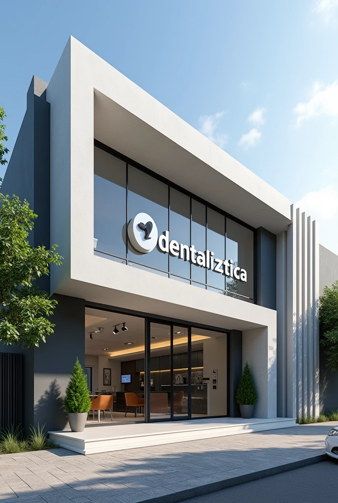 As the best exterior designer, design me an exterior for a dental clinic, where the name Dentaliztica is seen, be a color that reflects professionalism and is noticeable, you can use lead tones, wide front where it has a SMALL glass door and is only one floor