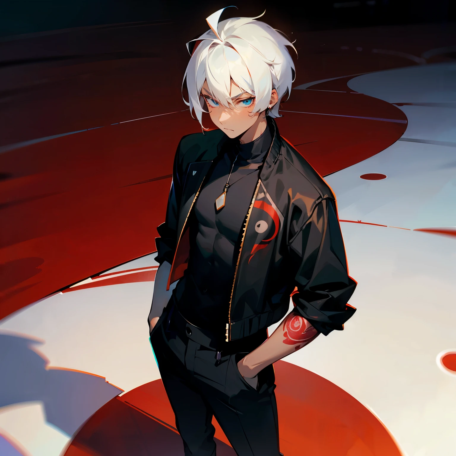 1male, Modern Undercut Hair ,Shaggy Medium Length White Hair , Dark Skin ,Black cropped jacket , Fitted Black Shirt with a red swirl pattern , Serious Expression , Standing on path, Red Tribal tattoos on one arm, Pale Blue Eyes, Teen Male