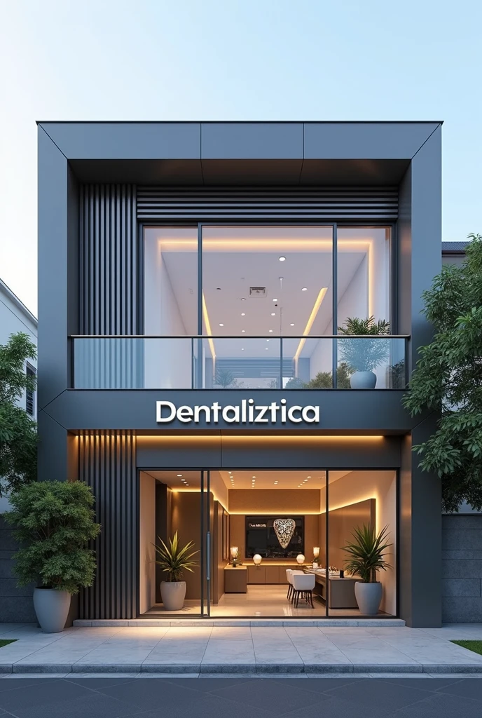 As the best exterior designer, design me an exterior for a dental clinic, where the name Dentaliztica is seen, be a color that reflects professionalism and is noticeable, You can use lead tones, a wide front and only ground floor
