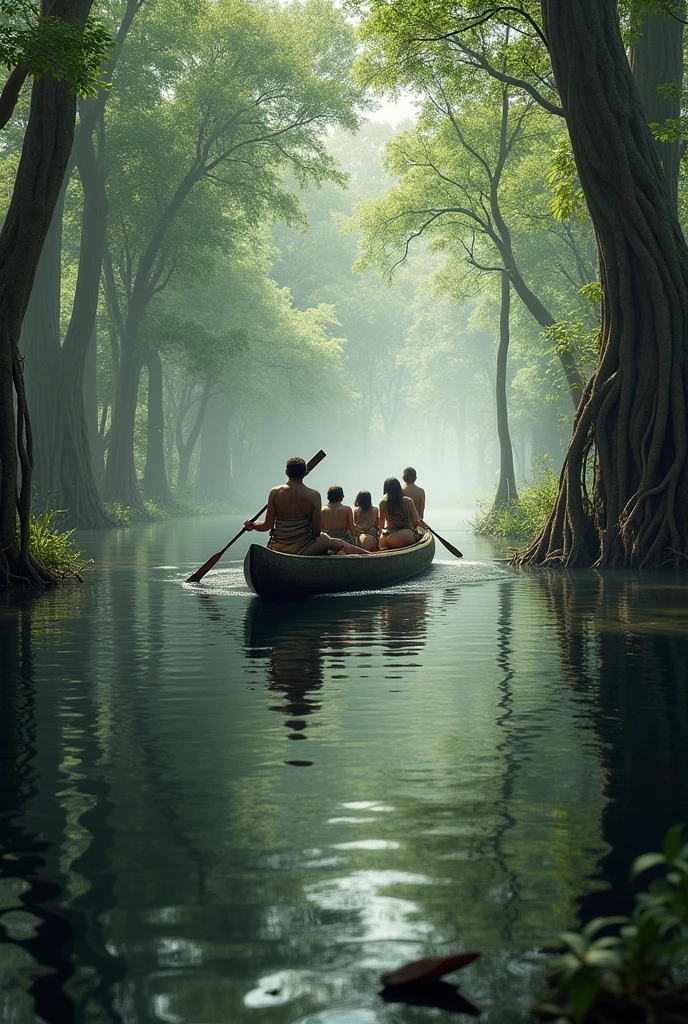 Swamp lake people with dugout canoe from afar photorealism realistic