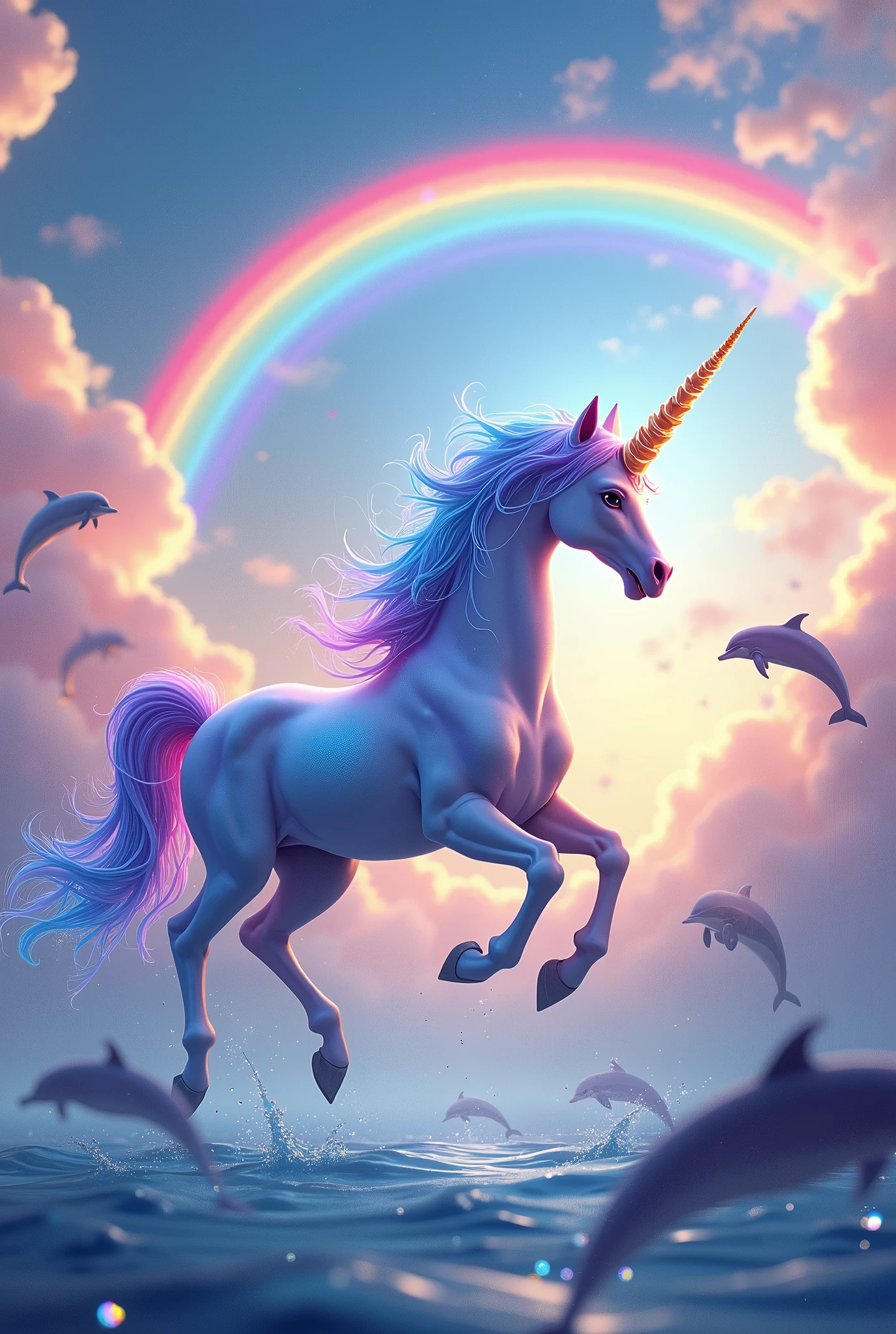 You are a unicorn with dolphins and rainbows and the unicorn is very colorful flying!.