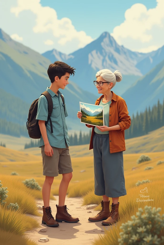 young ager with light blue shirt, shorts and boots next to his grandmother showing a photo of a grandmother on a plain with mountains and hills
