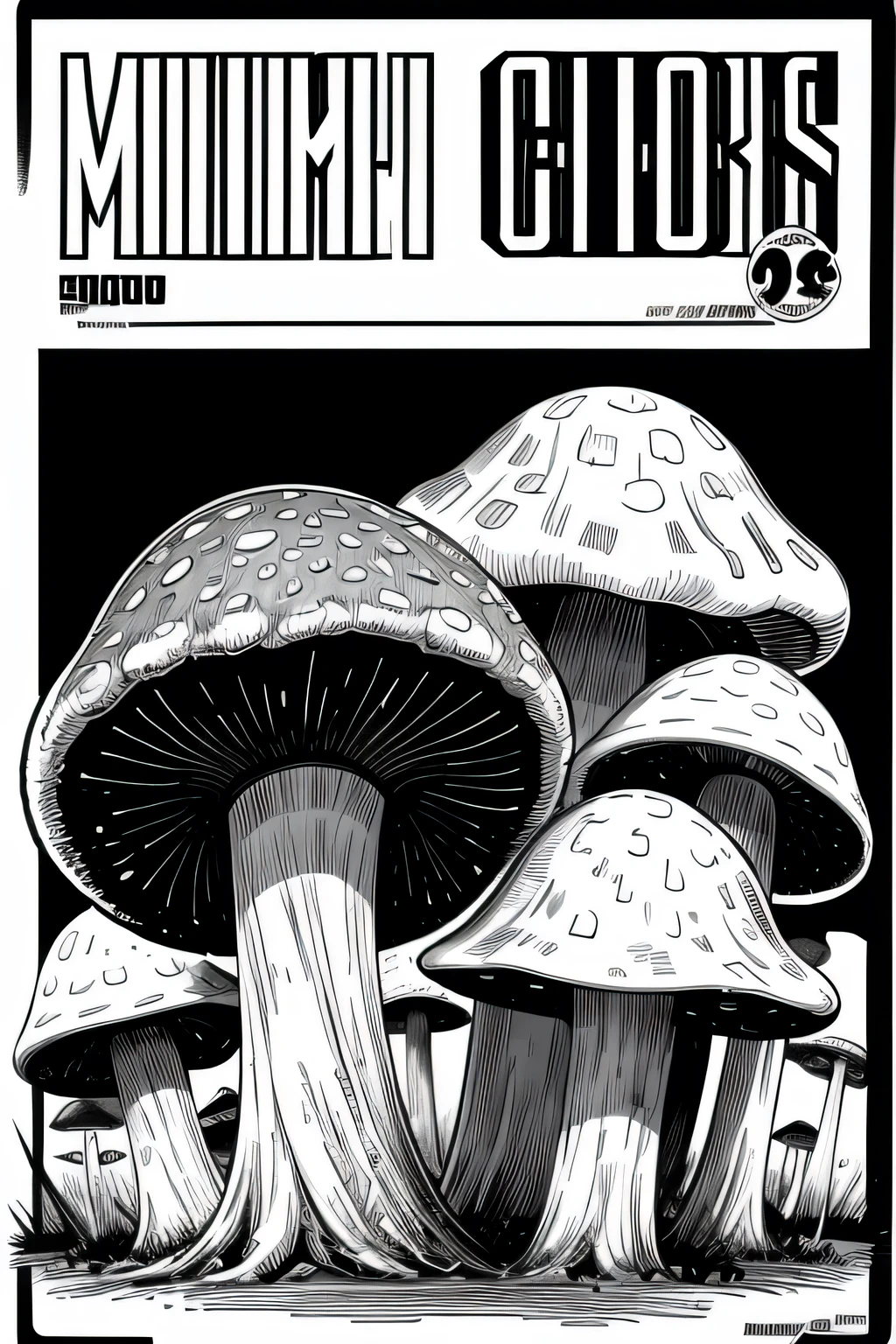 60s comic book style mushrooms black and white, com fundo branco
