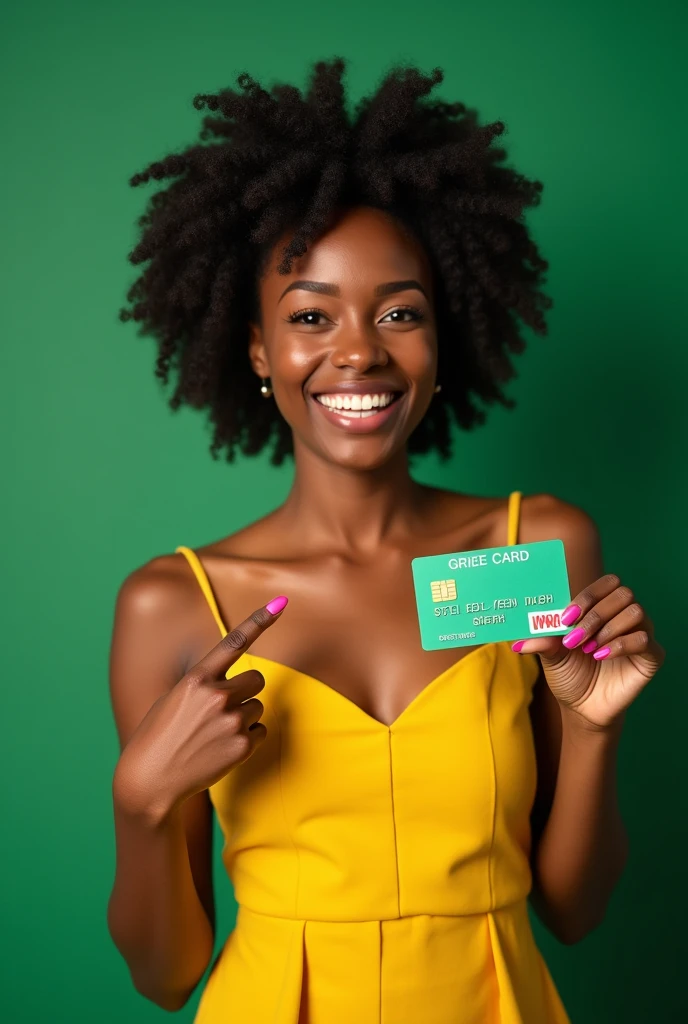 smiling woman holding a green card and pointing at it, in front of an green background, photo of a black woman, photo of a model, lady using yellow dress, ecommerce photograph, african american young woman, advertising photo, pose 1 of 1 6, media photo, pink and yellow, commercial photo, black young woman, promo image, cute woman