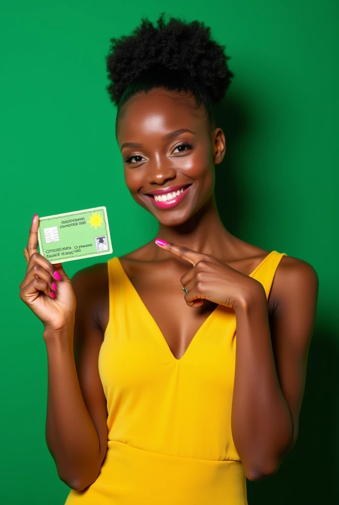 smiling woman holding a green card and pointing at it, in front of an green background, photo of a black woman, photo of a model, lady using yellow dress, ecommerce photograph, african american young woman, advertising photo, pose 1 of 1 6, media photo, pink and yellow, commercial photo, black young woman, promo image, cute woman