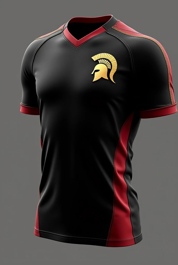 Black volleyball shirt with red and gold details with a Spartans symbol on the left side of the chest with a volleyball