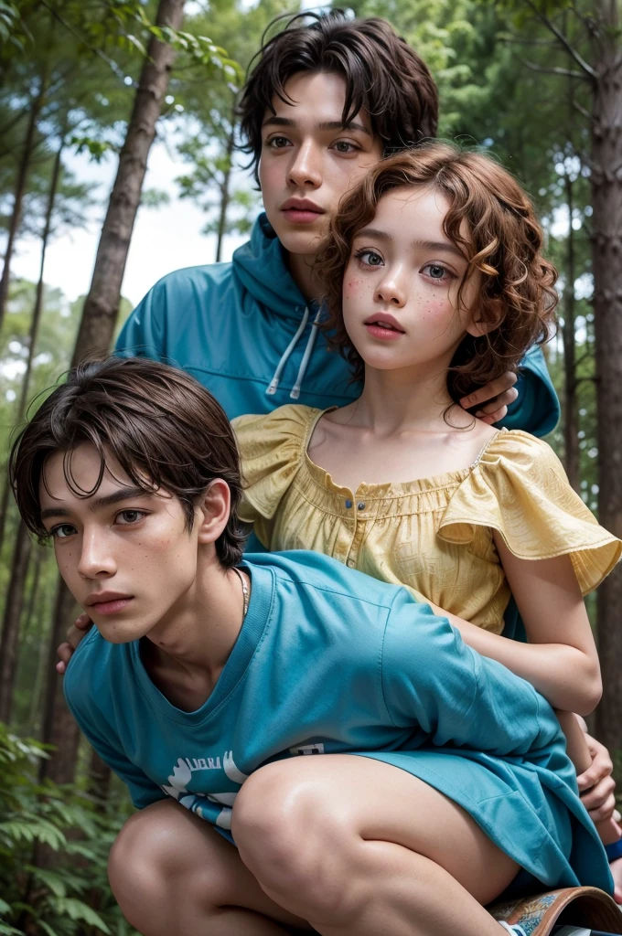 create the image in a forest with trees blue sky and flowers a brazilian prince with caramel skin cape, brown rabbit with honey-colored eyes riding a skateboard while carrying his princess with short brown curly hair in his arms , brown eyes and freckles on her face dressed in a blue dress