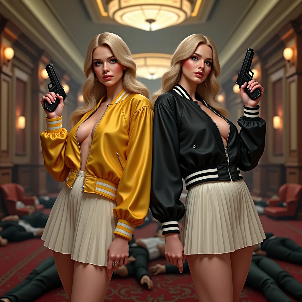 wide depth of field, wide depth of focus, f/11 lens setting, all objects in focus, full color image, 2 women holding pistol, holding a pistol, large fraternity house game room, full body image, (two tone yellow and black satin bomber jackets with white trim, white pleated satin skirt), blonde women posing with a pistol, long flowing hair, confidant smile, pure form, intricate details, 8K post-production, high resolution, super detailed, Popular topics on Artstation,, Studio photos, intricate details, Very detailed, she stands in the middle of the room and she is surrounded by a large pile of defeated men laying unconscious with closed eyes on the floor