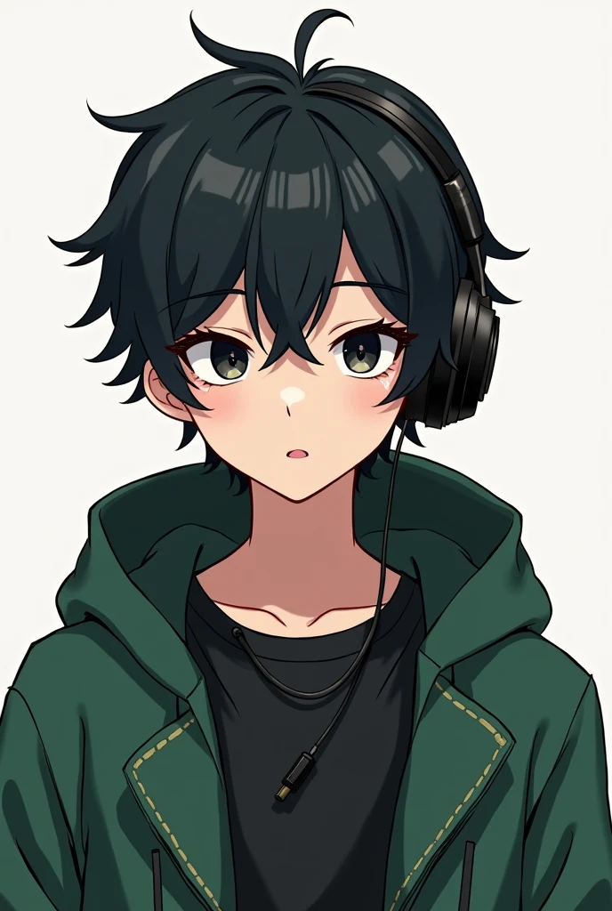 

Create a  with short black hair and striking black eyes. He wears a green hooded coat and black pants.. Para completar o visual, he uses a gaming headset, realistic Disney drawing 
