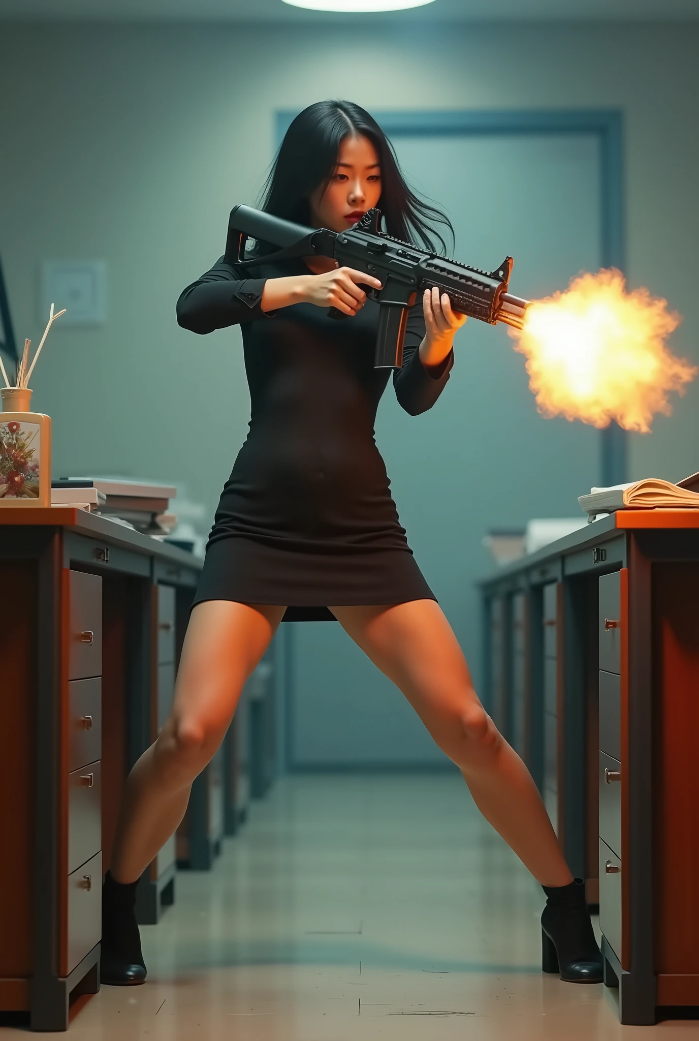 beautiful chinese office lady mini skirt realistic machine gun toting firing real person legs apart standing rampage


