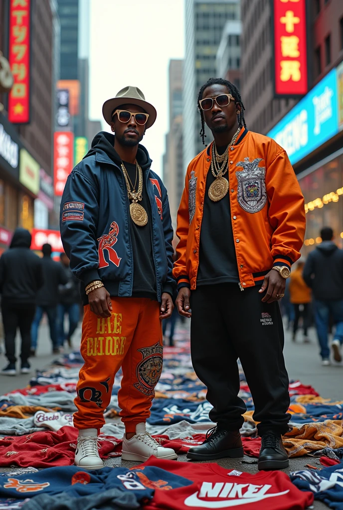 Dressed as rappers Leo and Bull, they sell branded clothes on the floor of the street
