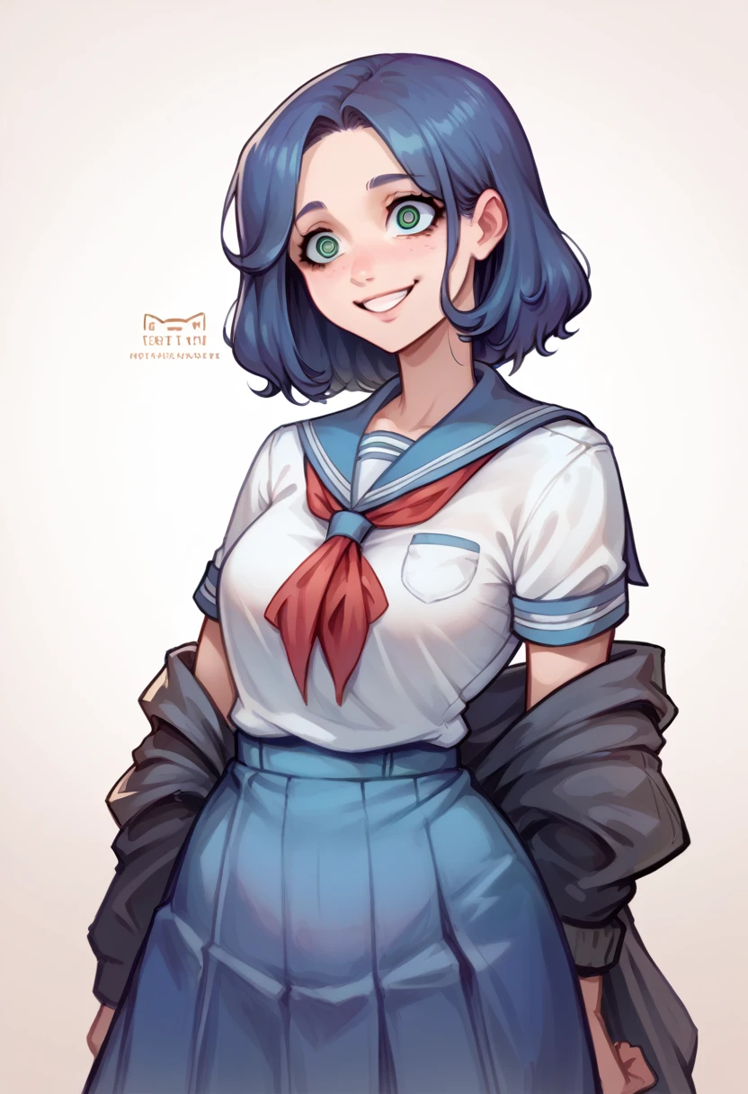 A 1 girl with long blue hair, dressed in a school uniform. She is standing and facing the camera with a warm, sweet smile. Her big, bright eyes convey kindness and sincerity, but there’s a faint hint of something unsettling beneath her gentle demeanor. Her posture is relaxed, adding to her approachable appearance. visual novel character