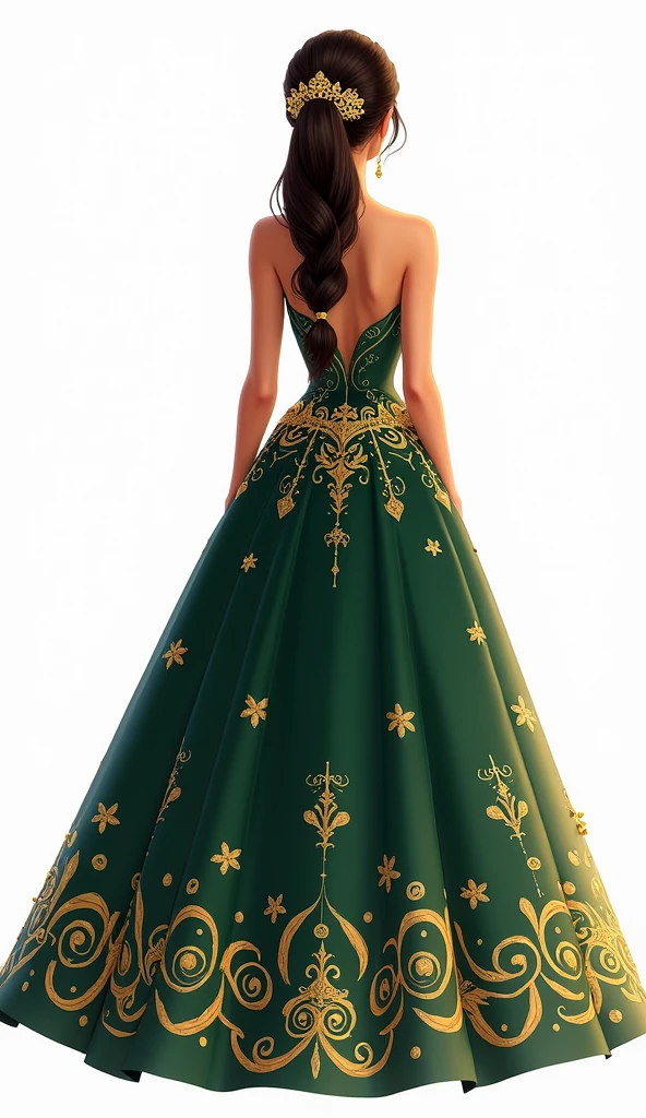 Create on a white background, Animated illustration of a quinceañera from behind, wearing an elaborate fantasy-themed costume, with gold stars and swirling patterns. Your clothing should resemble your real appearance., predominantly dark green, with intricate gold embellishments. The costume should feature rich and heavenly patterns., with a bare upper back and shoulders. The overall aesthetic should be magical and majestic., making the quinceañera look like a character from a fantasy kingdom. A very beautiful and golden hook, She is holding her hair. I don't want him to have a crown.