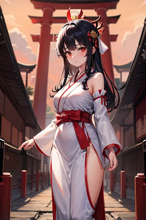 A girl in a white shrine maiden outfit, black hair, calm expression, a shrine in the middle of the night, many charms, darkness, a large torii gate, red mist