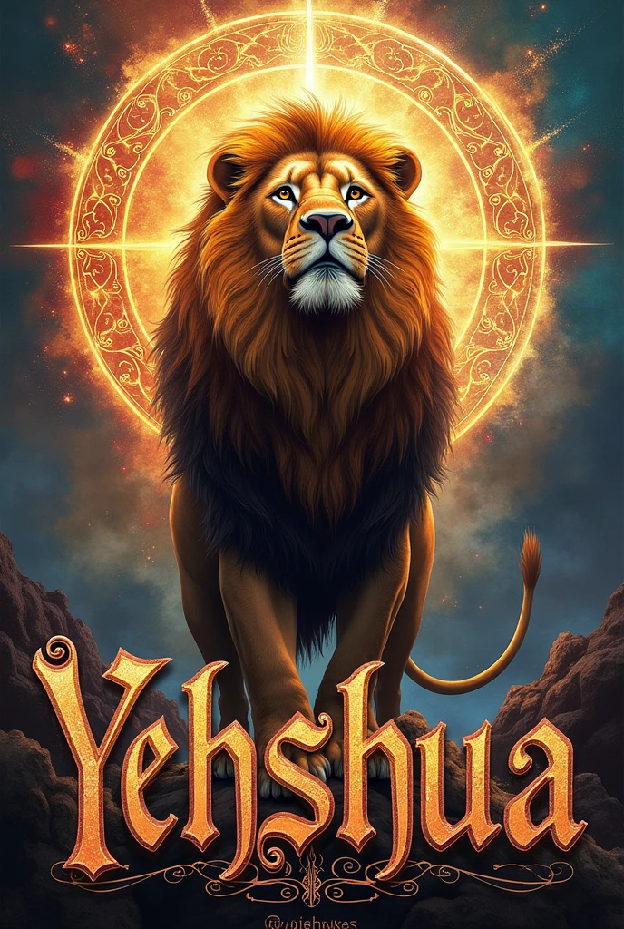 THE LION OF JUDAH WITH THE WORD YEHSHUA IN DECORATED LETTERS AND A COLORFUL BACKGROUND 