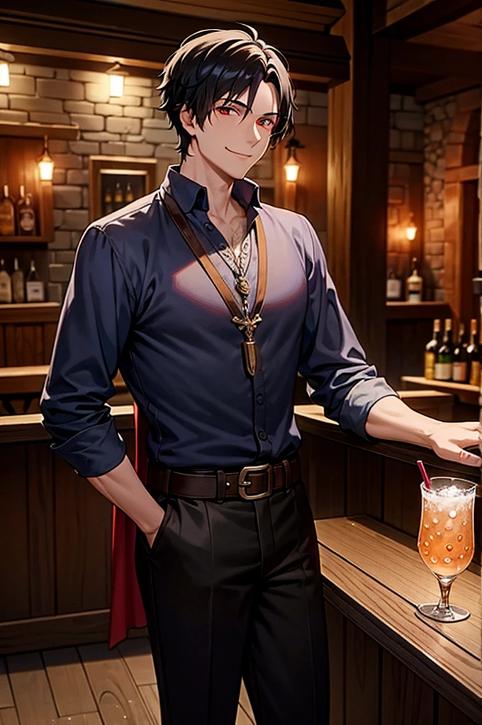 Late Night　A magnificent medieval tavern　A male adventurer in his 30s with short black hair and red eyes, smiling as he waits for his friend to return with his drinks　Vision