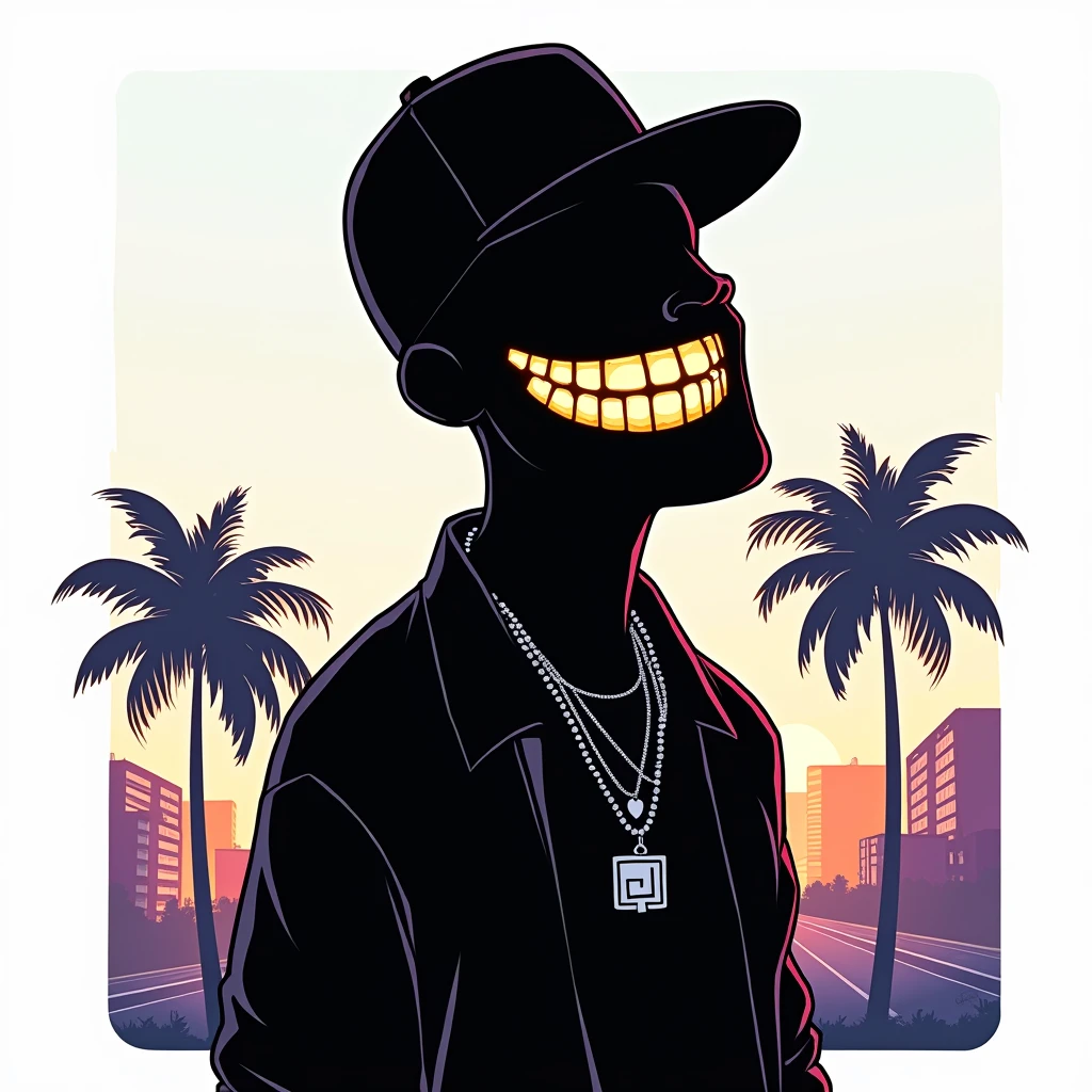 Black shadow of a rapper with gold teeth cartoon style, Vice City GTA, white background