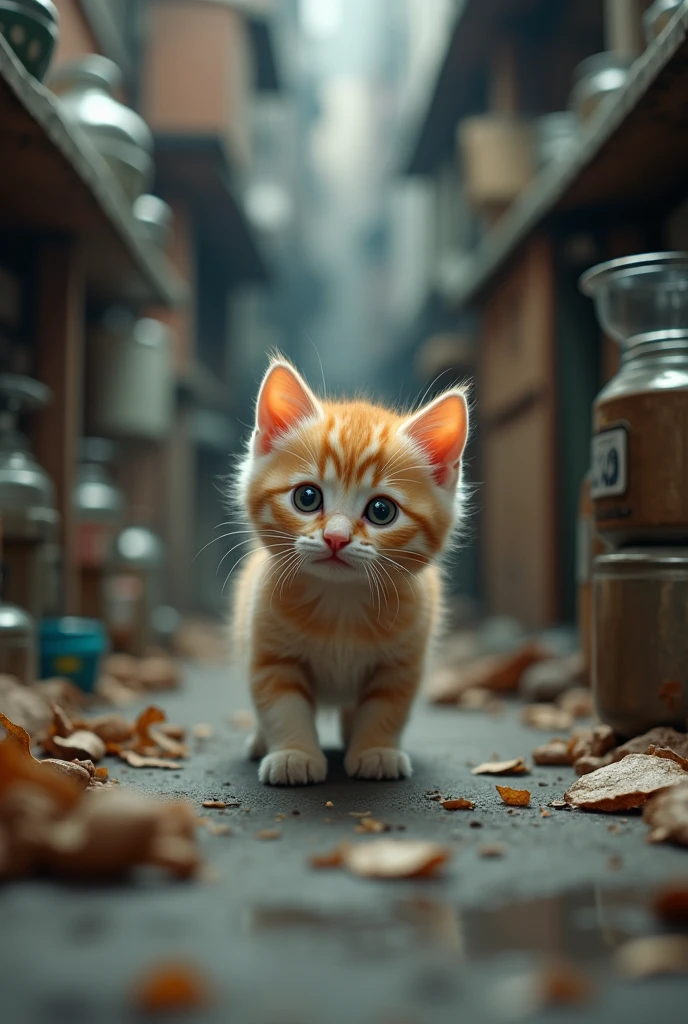 Cute close-up of a kitten lost in the city., kitchen, (Kinetics: 1.2), complicated details, ((A cat is walking along the roadside.)) ,Two-legged standing,wash the dishes