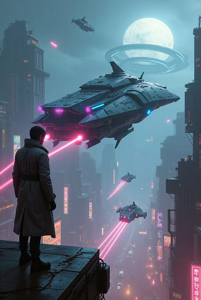 Design a high-energy scene set in the depths of space, featuring a fleet of futuristic cyberpunk-style spaceships. The largest ship, a heavily armored warship with sharp, angular designs and glowing neon accents, dominates the foreground. Its hull is adorned with graffiti-like markings and illuminated by pulsating blue and purple lights. Smaller, agile fighter ships, with sleek and compact designs, swarm around the main ship, their thrusters leaving trails of vibrant light as they maneuver through the void. The background shows a distant, neon-lit space station with sprawling, interconnected structures and massive rotating rings. A distant planet with a cityscape covered in a glowing grid pattern can be seen beyond the station, partially obscured by swirling clouds of space dust and debris. The scene is alive with the energy of a space battle, with lasers and plasma beams crisscrossing the dark expanse, reflecting off the metallic surfaces of the ships. The overall atmosphere should feel intense, high-tech, and chaotic, capturing the essence of a cyberpunk universe in space. Design a vibrant and dystopian cyberpunk cityscape at night, with towering skyscrapers adorned with neon signs in various languages and colors. 
The streets below are crowded with a mix of humans, androids, and cyborgs, all moving through a maze of dark alleys and bustling markets. 
Holographic advertisements hover in the air, projecting images of futuristic products and entertainment. The buildings are covered in grime, 
with wires and pipes snaking along the walls, 
while flying vehicles zoom between the skyscrapers. 
In the foreground, a lone figure dressed in a sleek, high-tech trench coat and wearing a visor stands on a rain-soaked rooftop, overlooking the city. 
The figure's face is partially obscured by shadows, adding an air of mystery. 
The sky is filled with a heavy, toxic fog, with only the faint glow of the moon visible through the pollution. The overall atmosphere is gritty, chaotic