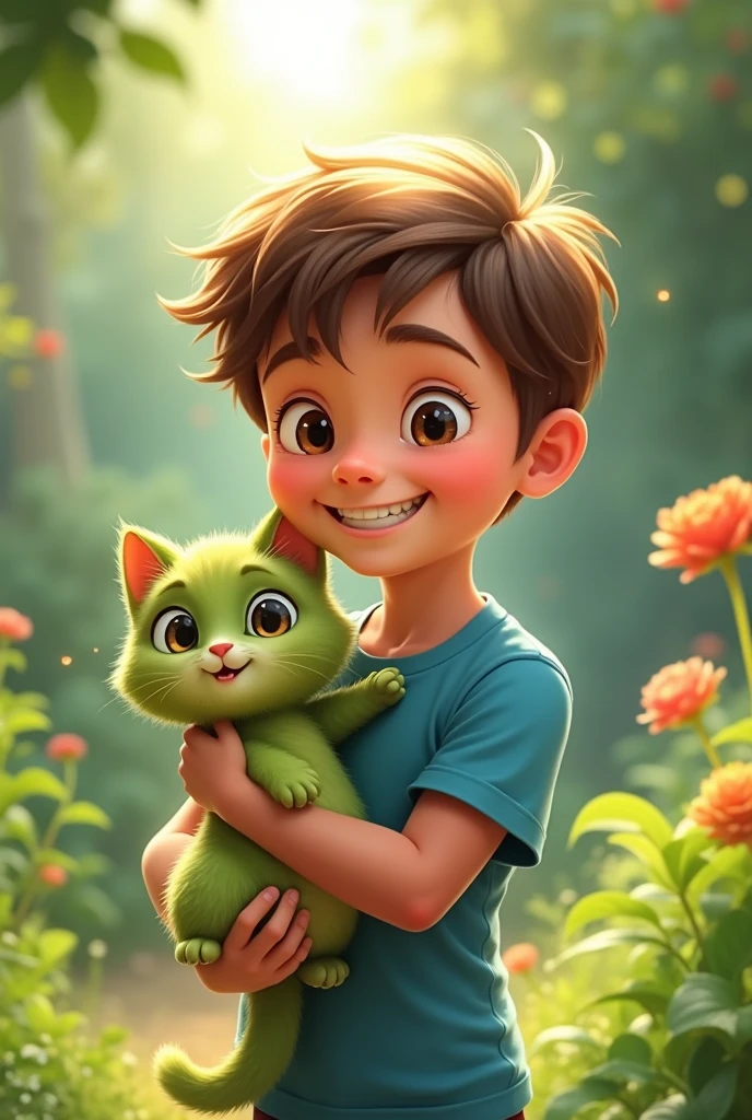 A happy young boy with blue eyes in blue t-shirts find a cute little green cat in the garden he picked up the cat in his arms
