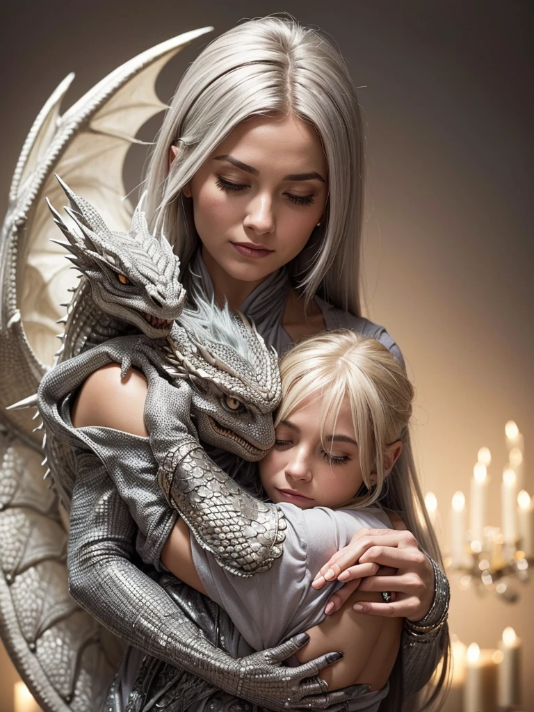 A serene and tender scene featuring an elderly woman with silver hair lovingly embracing a small dragon. The dragon has a textured, scaly skin with intricate details, and they are both enveloped in a soft, warm light. The woman’s attire is ornate and detailed, with an air of wisdom and grace, as she holds the dragon close, creating an intimate and heartwarming moment.