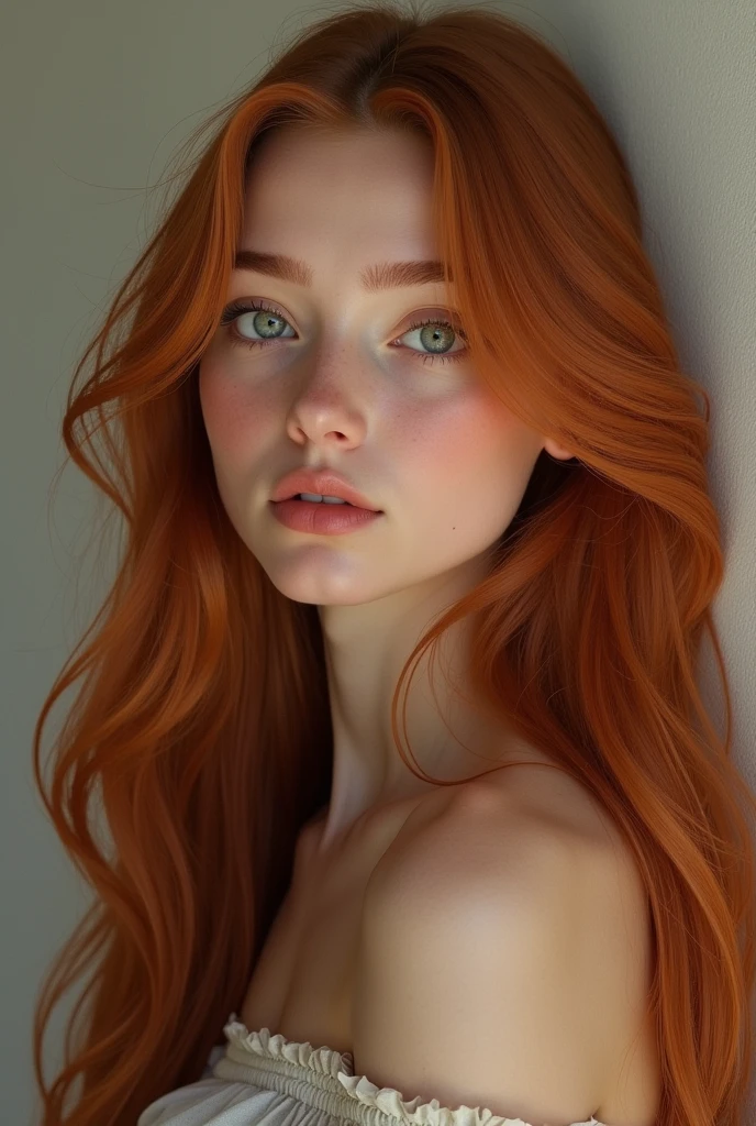 Hyperrealism 1 girl with long copper colored hair 
