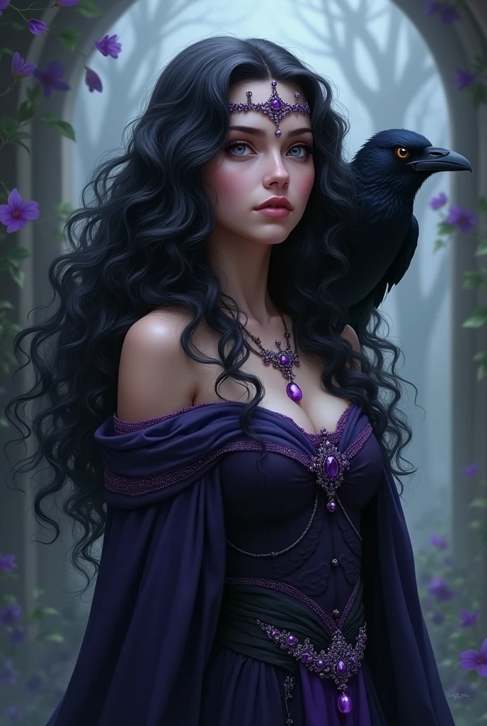 A role-playing character. she is black, with long black curly hair. his eyes are gray, She has a small purple tiara and wears a necklace and has a raven on her shoulder.
