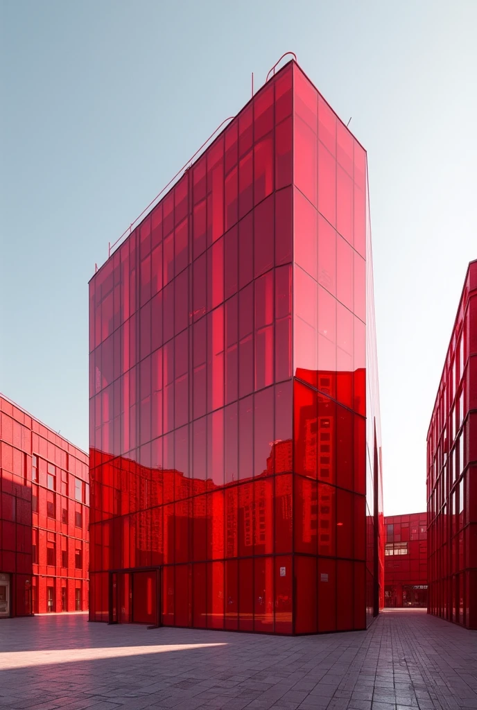 A red building with glass windows of different shades of red and is not surrounded by other buildings
