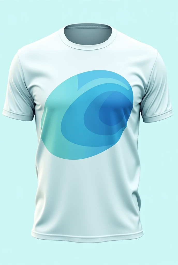 create a crew neck t-shirt design for a swimming pool industry, using a blue ellipse on the chest and another centered on the upper back. use the light blue color palette, greenish and white